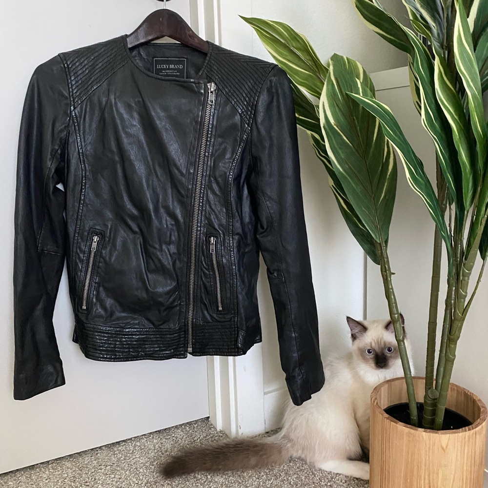 Lucky Brand Collarless Leather Jacket in Black